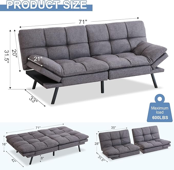 MUUEGM Futon Sofa Bed Couch Convertible Memory Foam Sleeper Love Seat,Modern Daybed for Living Room,Office,Small Space,Apartment,Adjustable Backrests Armrests,71" Sofabed, Pure Grey - LeafyLoom