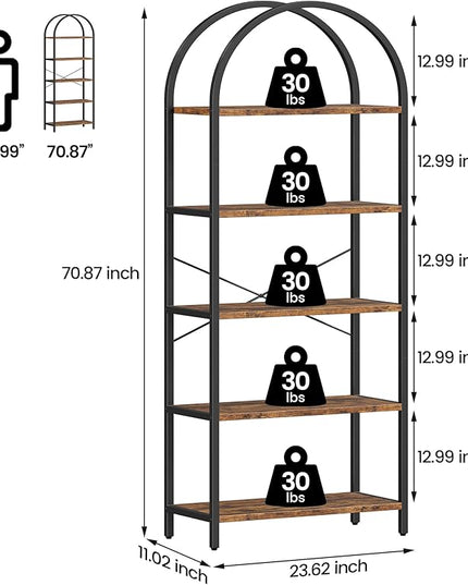 IDEALHOUSE Bookshelf 5 Tier Bookcase Arched Display Racks Tall Standing Bookshelves Metal Frame Rustic Storage Rack Shelf Brown Book Shelf for Bedroom, Living Room, Home Office, Rustic Brown - LeafyLoom