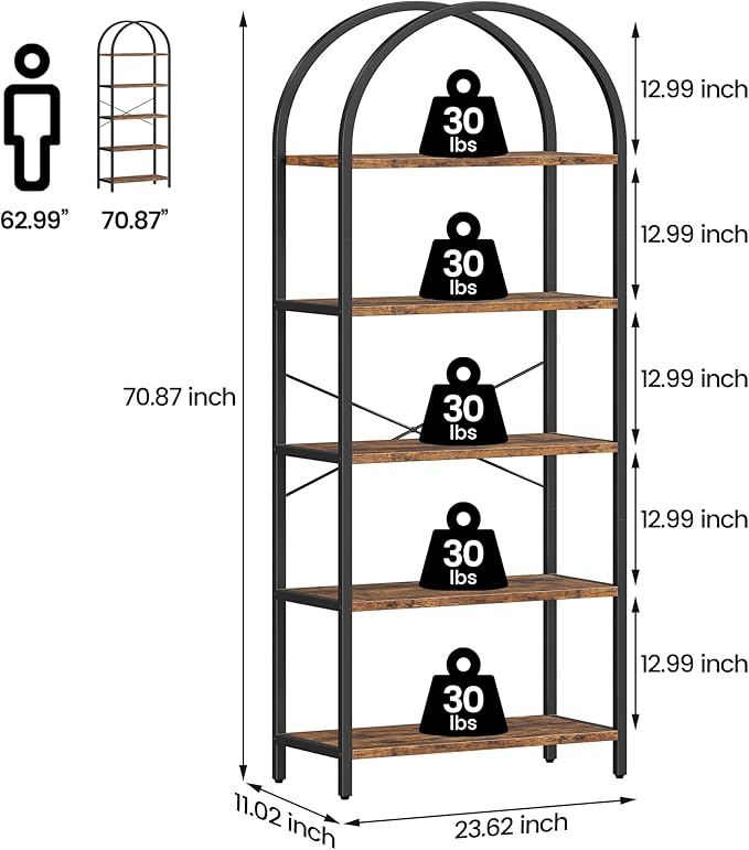 GAOMON 5 Tier Bookshelf Arched Bookcase Modern Standing Bookshelves Tall Display Racks Metal Book Shelf for Bedroom, Living Room, Home Office - LeafyLoom