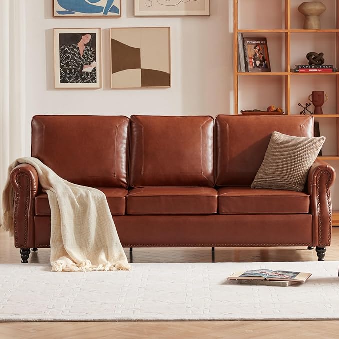 Dreamsir 79'' Traditional Faux Leather Sofa, 3 Seater Couch with Nailhead Trim and Rolled Arms, Classic Couches for Living Room, Bedroom, Apartment, Easy Assembly（Reddish Brown） - LeafyLoom