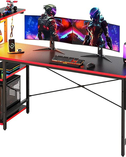 Bestier 61 Inch Gaming Desk with LED Lights, Reversible Shelves, Height Adjustable Shelf, Steel Frame, CARB P2 Class Board, Black Grained - LeafyLoom