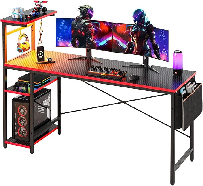 Bestier 61 Inch Gaming Desk with LED Lights, Reversible Shelves, Height Adjustable Shelf, Steel Frame, CARB P2 Class Board, Black Grained - LeafyLoom