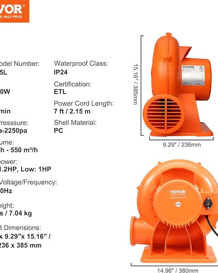 VEVOR Air Blower, 2-Speed Inflatable Blower, 1HP and 1.2HP, Portable and Powerful Bounce House Blower, Commercial Bouncy Castle Electric Blower, Used for Inflatable Bouncy Castle and Jump Slides - LeafyLoom