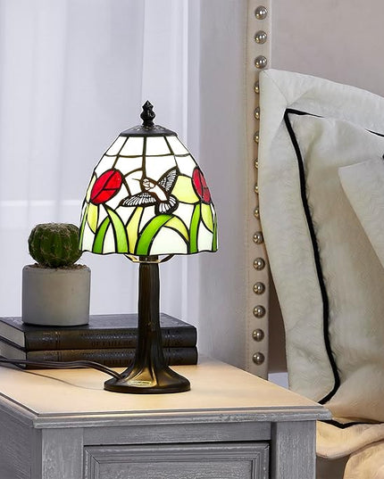 Tiffany Style mini table Lamp-Stained Glass Hummingbird with Tulip Design Table or Desk Light LED Bulb Included-Vintage Look Colorful Accent Decor - LeafyLoom