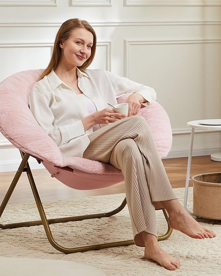 Sweetcrispy Cozy Saucer Chairs Faux Fur Living Room Reading Lounge Furniture Folding Comfy with Soft Thick Padded Seat Metal Frame Modern Style for Bedroom Home Adults, X-Large, Pink - LeafyLoom