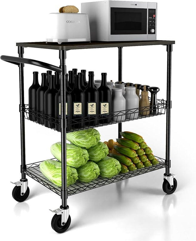 3 Tier Heavy Duty Rolling Utility Cart with Wood Top, NSF Certified Commercial Grade Rolling Carts with Wheels, Handle Bar, Shelf Liner, Trolley Serving Cart for Kitchen, Black - LeafyLoom
