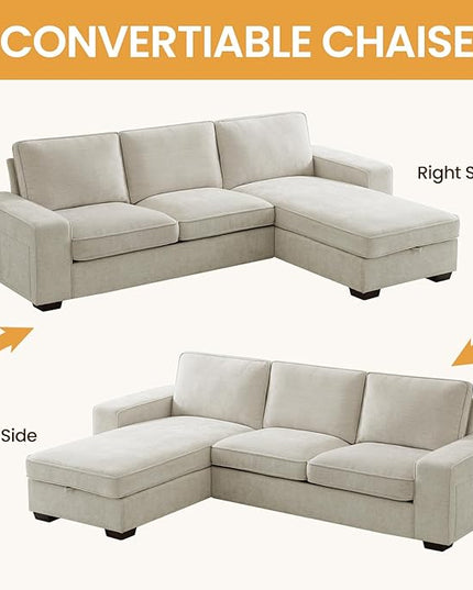 COHOME 100" L-Shaped Sofa with Storage, Chenille Upholstered Deep Seat Couch for Living Room, Sofa with Reversible Chaise, Removable Covers, 3-Seater Apartment Sofa with Charge Ports,Beige - LeafyLoom