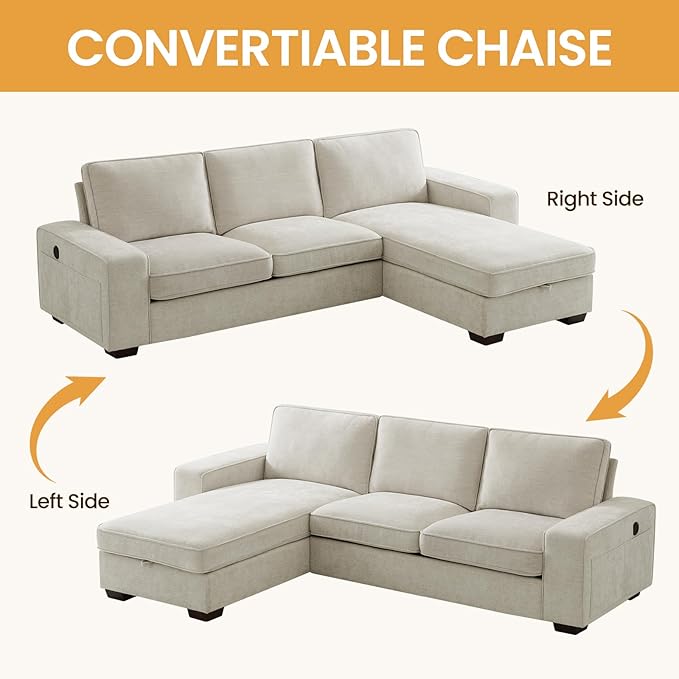 COHOME 100" L-Shaped Sofa with Storage, Chenille Upholstered Deep Seat Couch for Living Room, Sofa with Reversible Chaise, Removable Covers, 3-Seater Apartment Sofa with Charge Ports,Beige - LeafyLoom