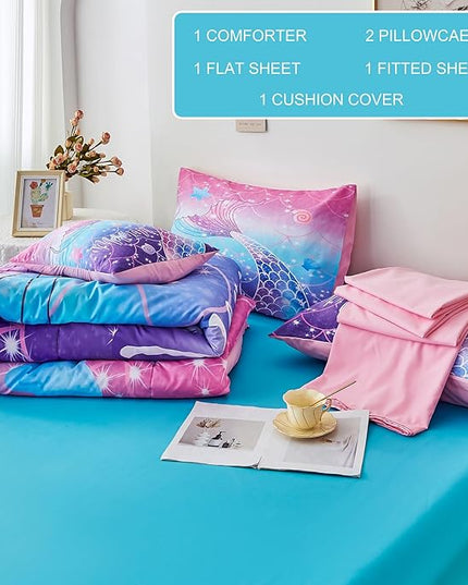 URBONUR 6Pcs Purple Blue Comforter Set Queen Size for Girls Bed in a Bag Queen Bedding Set with Comforter and Sheets Set, Gradient Mermaid Tail Printed Bed Sets for Teens Girls Women - LeafyLoom