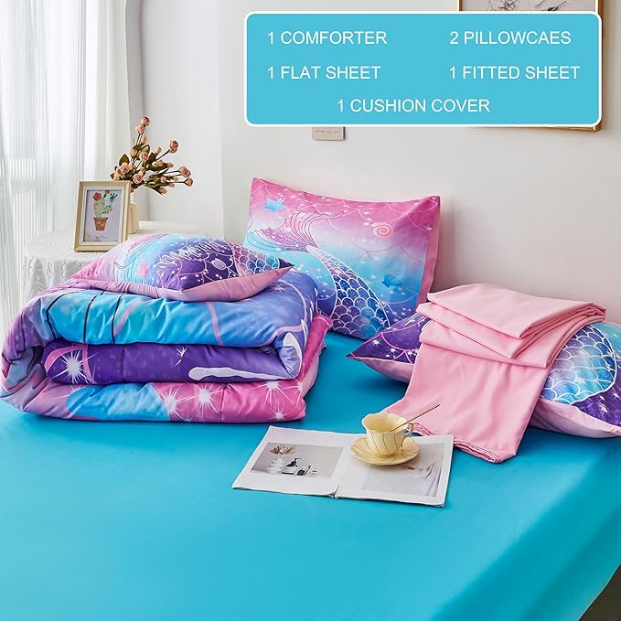 URBONUR 6Pcs Purple Blue Comforter Set Queen Size for Girls Bed in a Bag Queen Bedding Set with Comforter and Sheets Set, Gradient Mermaid Tail Printed Bed Sets for Teens Girls Women - LeafyLoom