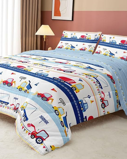Cartoon Car Kids Comforter Set Full,Construction Bedding Set Equipment Trucks Comforter Excavator Tractor Quilt Set with 1 Comforter 2 Pillowcases for Boys Girls Teens Adults Bedroom Decor(Blue Red) - LeafyLoom