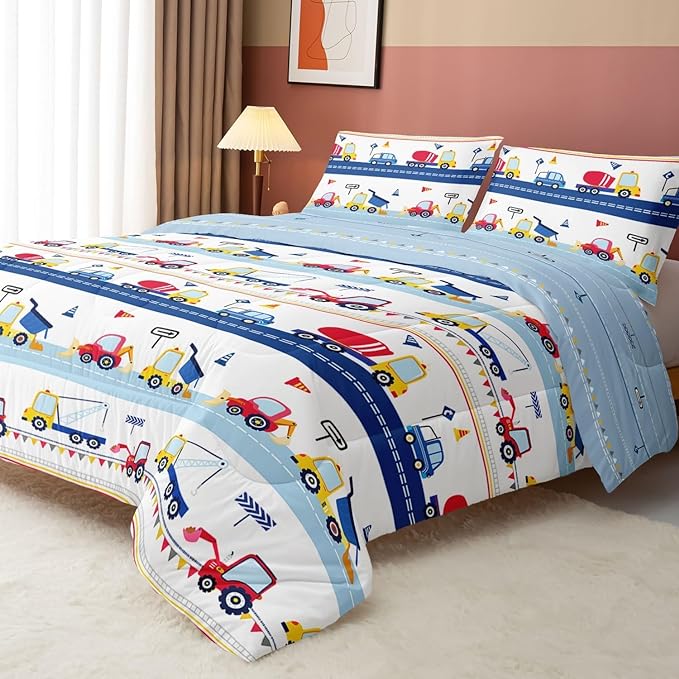 Cartoon Car Kids Comforter Set Full,Construction Bedding Set Equipment Trucks Comforter Excavator Tractor Quilt Set with 1 Comforter 2 Pillowcases for Boys Girls Teens Adults Bedroom Decor(Blue Red) - LeafyLoom