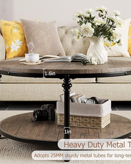 GAOMON Round Coffee Table Rustic Center Table with Storage Shelf 2-Tier Industrial Accent Center Table Wood Circle Coffee Table with Sturdy Metal Legs, Easy Assembly - LeafyLoom