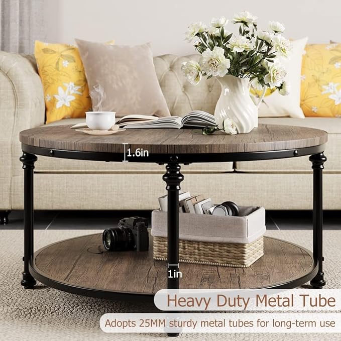 GAOMON Round Coffee Table Rustic Center Table with Storage Shelf 2-Tier Industrial Accent Center Table Wood Circle Coffee Table with Sturdy Metal Legs, Easy Assembly - LeafyLoom