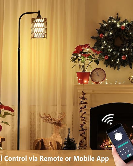 Floor Lamp with Remote, Dimmable Rattan Floor Lamp with LED Bulb, Industrial Black Tall Pole Lamp with Rattan & Fabric Shades, Boho Farmhouse Standing Lamps for Living Room Bedroom Office - LeafyLoom