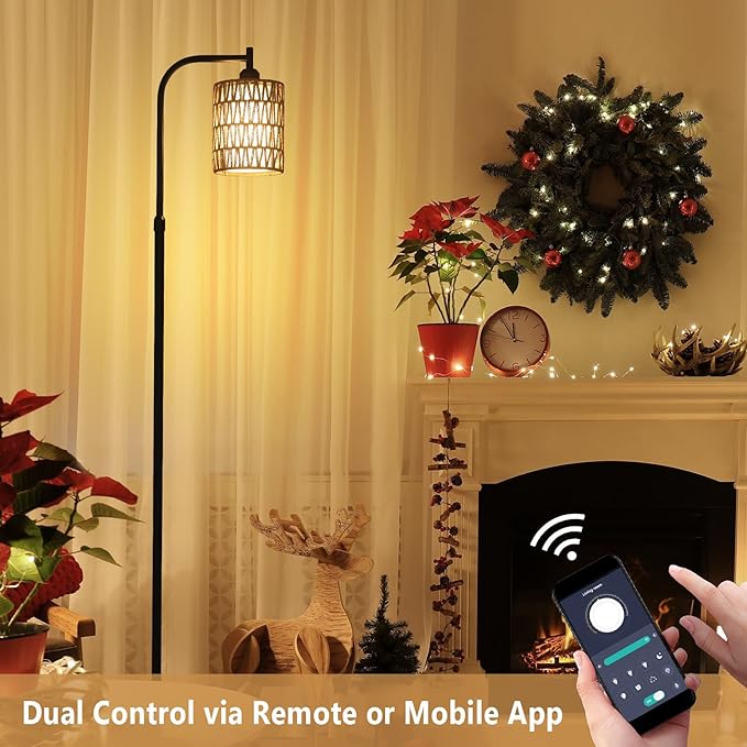 Floor Lamp with Remote, Dimmable Rattan Floor Lamp with LED Bulb, Industrial Black Tall Pole Lamp with Rattan & Fabric Shades, Boho Farmhouse Standing Lamps for Living Room Bedroom Office - LeafyLoom