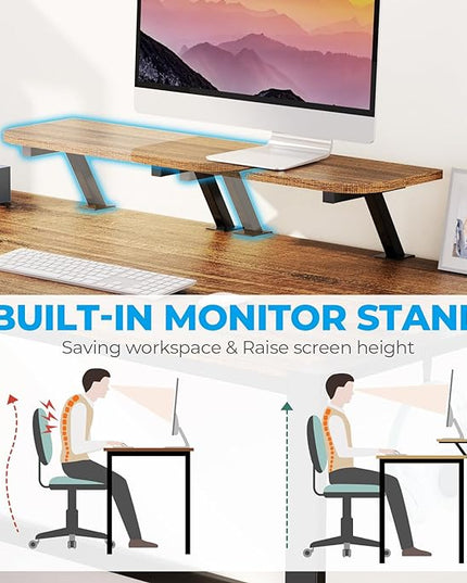 GreenForest Computer Desk 67 inch with Storage Printer Shelf Reversible Home Office Desk Large Study Writing Table with Movable Monitor Stand and 2 Headphone Hooks for PC Gaming Working, Walnut - LeafyLoom