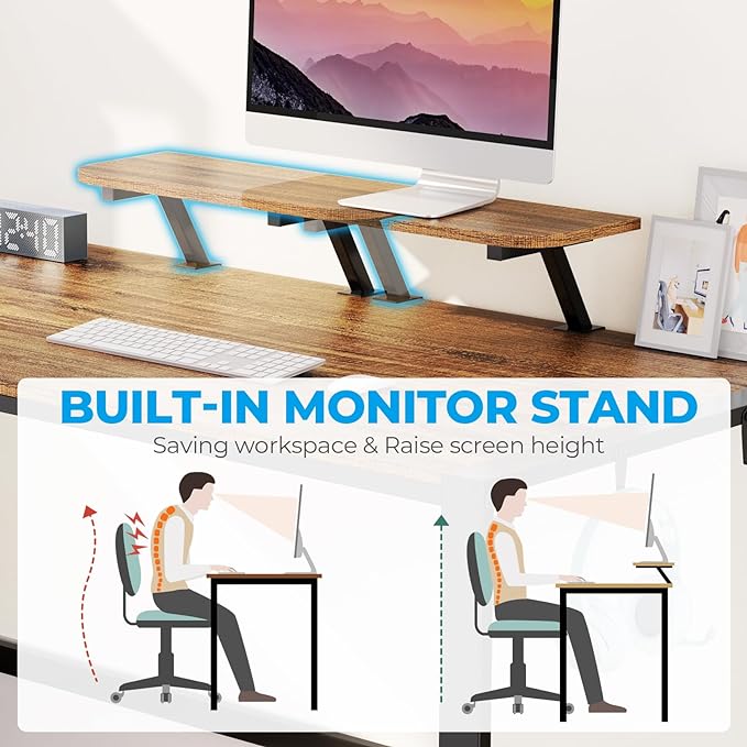 GreenForest Computer Desk 67 inch with Storage Printer Shelf Reversible Home Office Desk Large Study Writing Table with Movable Monitor Stand and 2 Headphone Hooks for PC Gaming Working, Walnut - LeafyLoom
