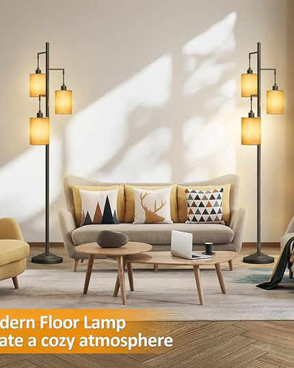 3-Lights Boho Floor Lamps with ON/OFF Foot Switch Tree Standing Lamp with Hanging Lampshades Farmhouse Floor Lamp Tall Pole Lamp for Living Room Bedroom Office, 3 PCS 6W Bulbs Included - LeafyLoom