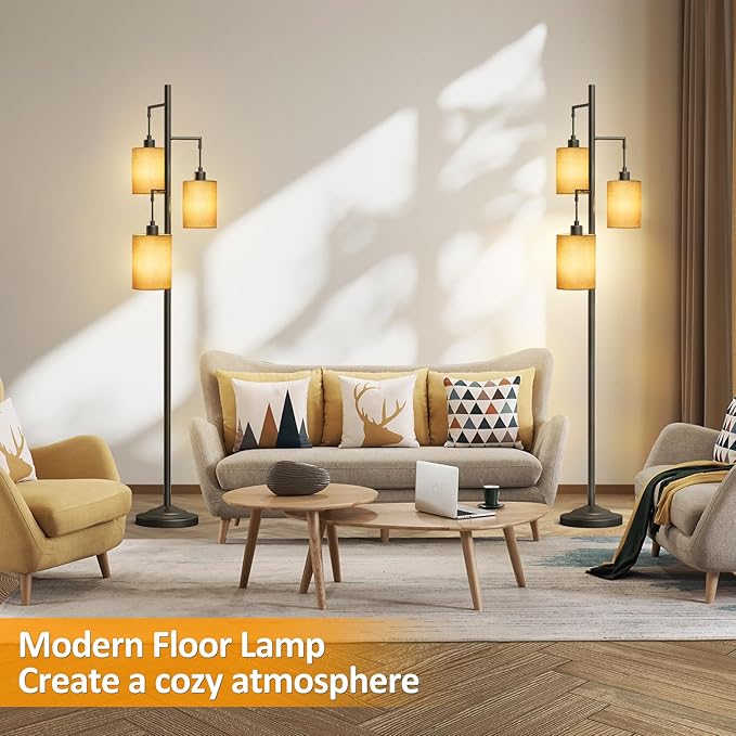 3-Lights Boho Floor Lamps with ON/OFF Foot Switch Tree Standing Lamp with Hanging Lampshades Farmhouse Floor Lamp Tall Pole Lamp for Living Room Bedroom Office, 3 PCS 6W Bulbs Included - LeafyLoom