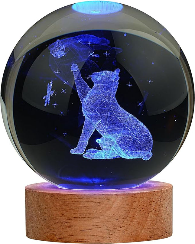 Cat Gifts for Cat Lovers for Women, Large 3D Cat Night Light, Crystal Cat Figurines Lamp 16 Color Changing with Remote Control for Bedroom Decor, Cat Play with Butterfly - LeafyLoom