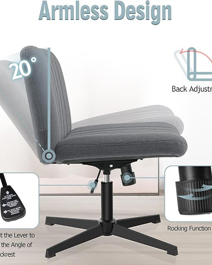 Armless Office Chair no Wheels, Ergonomic Wide Seat Swivel Desk Chair, Height Adjustable Cross Legged Comfortable Computer Chair for Living Room, Vanity Accent Chair Darkgray - LeafyLoom