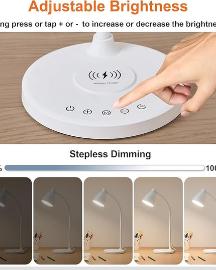BOHON Desk Lamp for Home Office, LED Desk Light with USB C+A Charging Ports, Wireless Charger, 5 Colors Stepless Dimming Reading Light Timer, Touch Bedside Table Lamp for College Dorm Room White - LeafyLoom