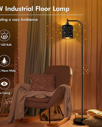 Industrial Floor Lamp, Modern Standing Lamps for Bedroom with 6W LED Bulb, Foot Switch, Farmhouse Floor Lamp with Decorative Lampshade, Metal Tall Stand up Light, Vintage Lamp for Living Room, Black - LeafyLoom
