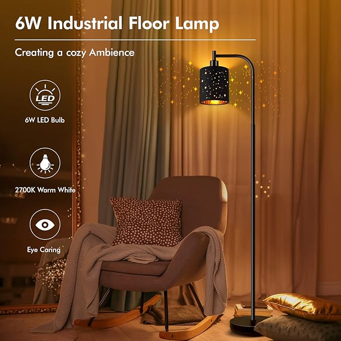 Industrial Floor Lamp, Modern Standing Lamps for Bedroom with 6W LED Bulb, Foot Switch, Farmhouse Floor Lamp with Decorative Lampshade, Metal Tall Stand up Light, Vintage Lamp for Living Room, Black - LeafyLoom