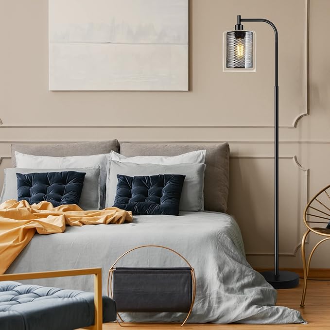 BoostArea Industrial Floor Lamp, Standing Lamp with 2 in 1 Iron Mesh Glass Lampshade, 6W LED Bulb Included, Foot Switch, Bright Modern Floor Lamp for Living Room and Bedroom, Office, Simple Style - LeafyLoom