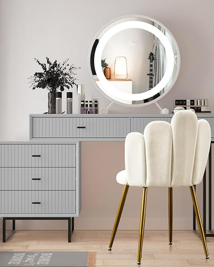Vanity Chair for Makeup Room - Midcentury Modern Accent Chair for Living Room Bedroom, Makeup Chair with Back Support Velvet Chair with Gold Legs (Cream) - LeafyLoom