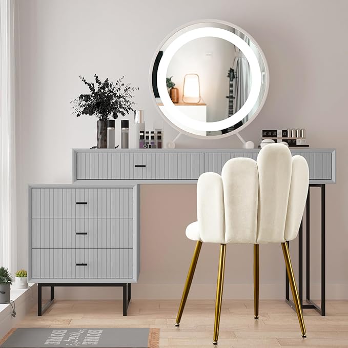 Vanity Chair for Makeup Room - Midcentury Modern Accent Chair for Living Room Bedroom, Makeup Chair with Back Support Velvet Chair with Gold Legs (Cream) - LeafyLoom