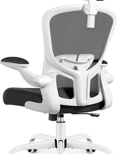 FelixKing Office Chair with Headrest, Home Office Desk Chairs with Flip-Up Armrests, Adjustable Height Ergonomic Office Chair Lumbar Support, Mesh Backrest Computer Chair (White) - LeafyLoom