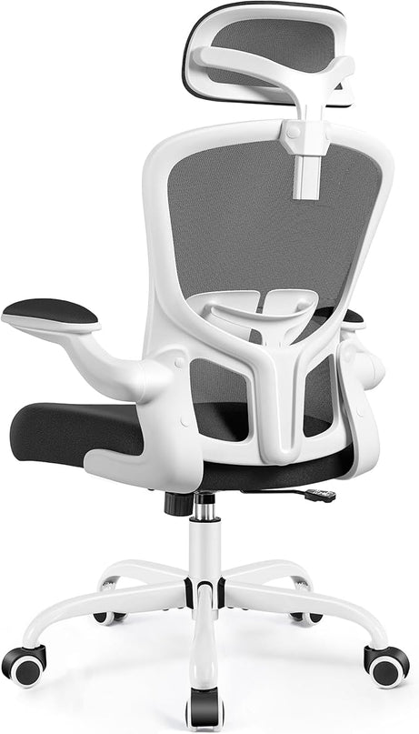 FelixKing Office Chair with Headrest, Home Office Desk Chairs with Flip-Up Armrests, Adjustable Height Ergonomic Office Chair Lumbar Support, Mesh Backrest Computer Chair (White) - LeafyLoom