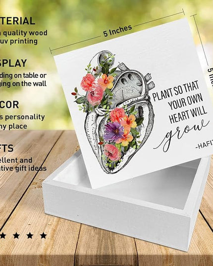 Home Office Desk Wooden Box Sign Decor, Plant So That Your Own Heart Will Grow, Inspirational Quotes Desk Decor Motivational Desk Decorations for Women Men Student Office Classroom School - LeafyLoom