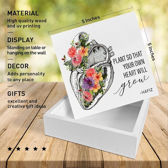 Home Office Desk Wooden Box Sign Decor, Plant So That Your Own Heart Will Grow, Inspirational Quotes Desk Decor Motivational Desk Decorations for Women Men Student Office Classroom School - LeafyLoom