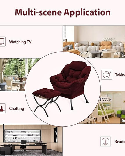 Lazy Chair with Folding Ottoman, Accent Chair Velvet Upholstered with Metal Structure and Non-Slip Pads, Sofa Armchair with Footrest and Side Storage Bag for Dorm, Room, Office, Burgundy - LeafyLoom