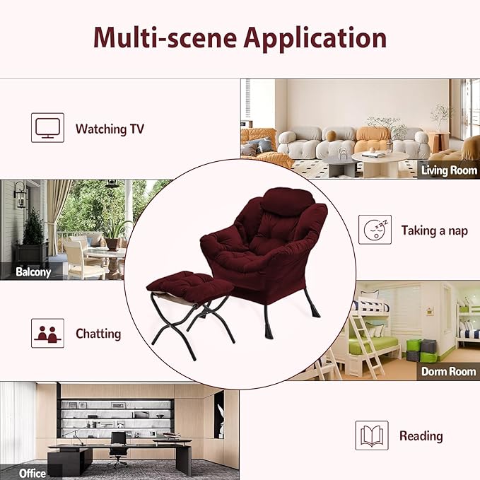 Lazy Chair with Folding Ottoman, Accent Chair Velvet Upholstered with Metal Structure and Non-Slip Pads, Sofa Armchair with Footrest and Side Storage Bag for Dorm, Room, Office, Burgundy - LeafyLoom