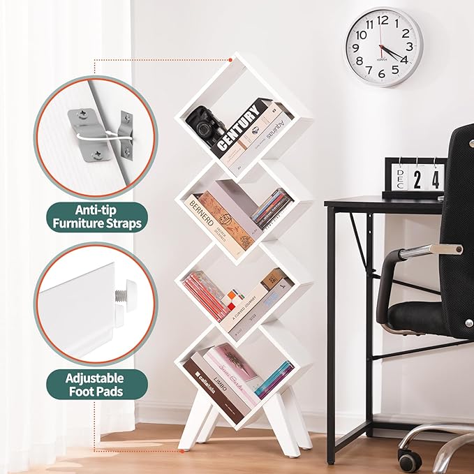 Yoobure White Bookshelf, Wood Small Bookcase 4-Tier Book Shelf, Tall Bookcases Book Organizer, Modern Bookshelves Floor Standing for CDs/Books in Small Spaces, Living Room, Home Office, Bedroom - LeafyLoom