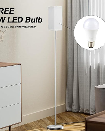 Floor Lamp for Living Room Bedroom - 3 Color Temperature Silver Standing Lamps with Pull Chain Switch, Modern Tall Lamp for Office Home Nursery, Pole Lamp with White Lampshade for Reading - LeafyLoom
