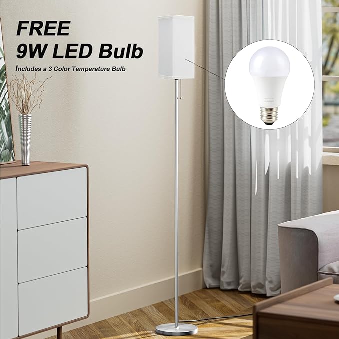 Floor Lamp for Living Room Bedroom - 3 Color Temperature Silver Standing Lamps with Pull Chain Switch, Modern Tall Lamp for Office Home Nursery, Pole Lamp with White Lampshade for Reading - LeafyLoom
