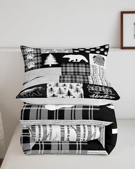Bear Plaids Comforter Set Queen Size,Pine Trees Animals Hunting Bedding Set for Kids Boys Girls Adults Room Decor,Adventure Rustic Farmhouse Down Comforter,Black Retro Duvet Insert,2 Pillowcases - LeafyLoom
