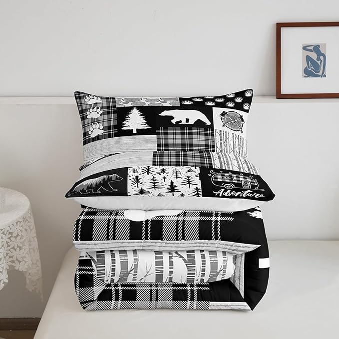 Bear Plaids Comforter Set Queen Size,Pine Trees Animals Hunting Bedding Set for Kids Boys Girls Adults Room Decor,Adventure Rustic Farmhouse Down Comforter,Black Retro Duvet Insert,2 Pillowcases - LeafyLoom
