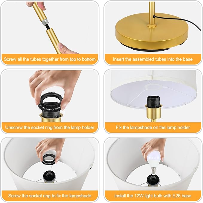 BoostArea Floor Lamp Standing Lamp Gold, 59" Tall Lamps for Living Room, Simple Pole Lamp with White Shade, On/Off Foot Pedal, Bright Dimming Lamp for Kids Room Bedroom Office Decor(9W Bulb Included) - LeafyLoom
