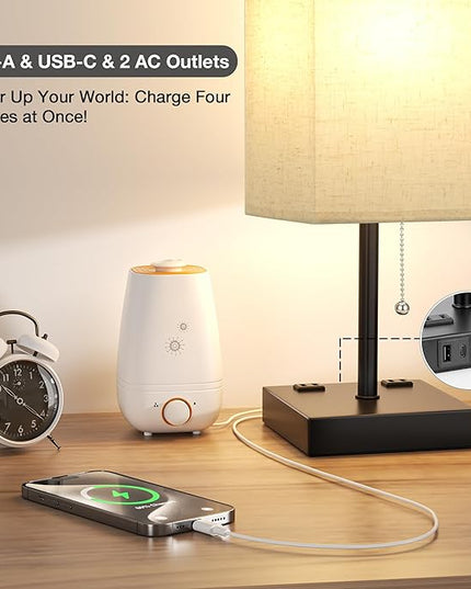 aooshine Beige Table Lamp for Bedroom - 3 Color Temperature 3000K 5000K 4000K Bedside Lamp, Pull Chain Control, USB A and C Ports, AC Outlets, Bulb Included, Medium - LeafyLoom