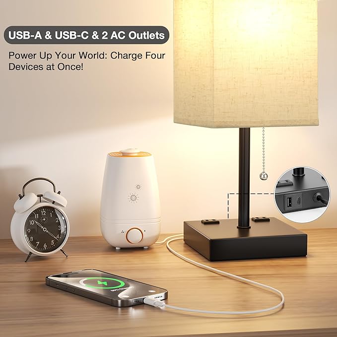 aooshine Beige Table Lamp for Bedroom - 3 Color Temperature 3000K 5000K 4000K Bedside Lamp, Pull Chain Control, USB A and C Ports, AC Outlets, Bulb Included, Medium - LeafyLoom