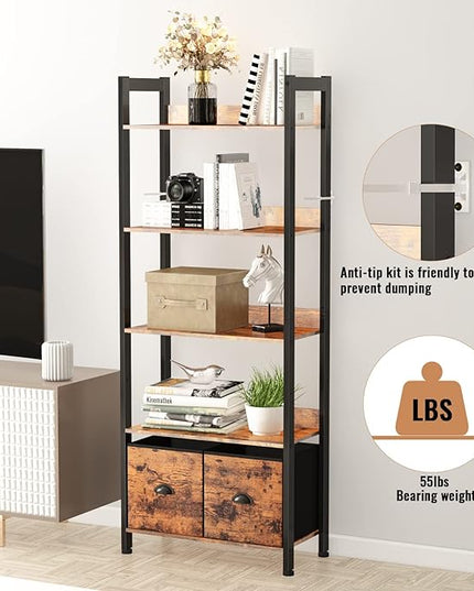 Furologee 5-Tier Bookshelf, Tall Bookcase with 2 Storage Drawers, Industrial Display Standing Shelf Units, Wood and Metal Storage Shelf for Living Room, Bedroom, Home Office, Rustic Brown - LeafyLoom