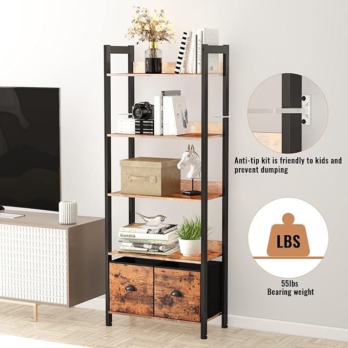 Furologee 5-Tier Bookshelf, Tall Bookcase with 2 Storage Drawers, Industrial Display Standing Shelf Units, Wood and Metal Storage Shelf for Living Room, Bedroom, Home Office, Rustic Brown - LeafyLoom