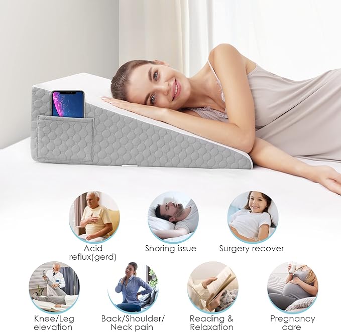 Forias 7.5" Wedge Pillow for Sleeping Bed Wedge Pillow for After Surgery Triangle Elevated Pillow Wedge for Acid Reflux Gerd Snoring Back Pain, Air Layer Removable Machine Wash Cover | Memory Foam Top - LeafyLoom