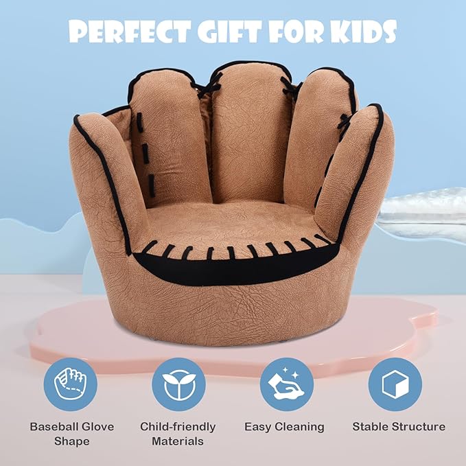 Fireflowery Kid Baseball Chair, Toddler Chair with Baseball Glove Design, Baseball Bean Bag Chair for Playroom, Gift for 3-5 Years Boys and Girls, 23.5” x 19.5” x 17.5 - LeafyLoom